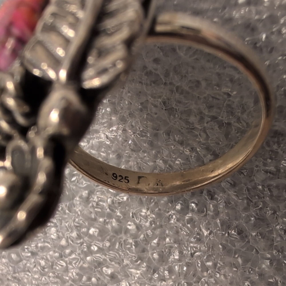 Sterling Silver Floral Feather Turquoise and Pink Stone Ring - Picture 7 of 8